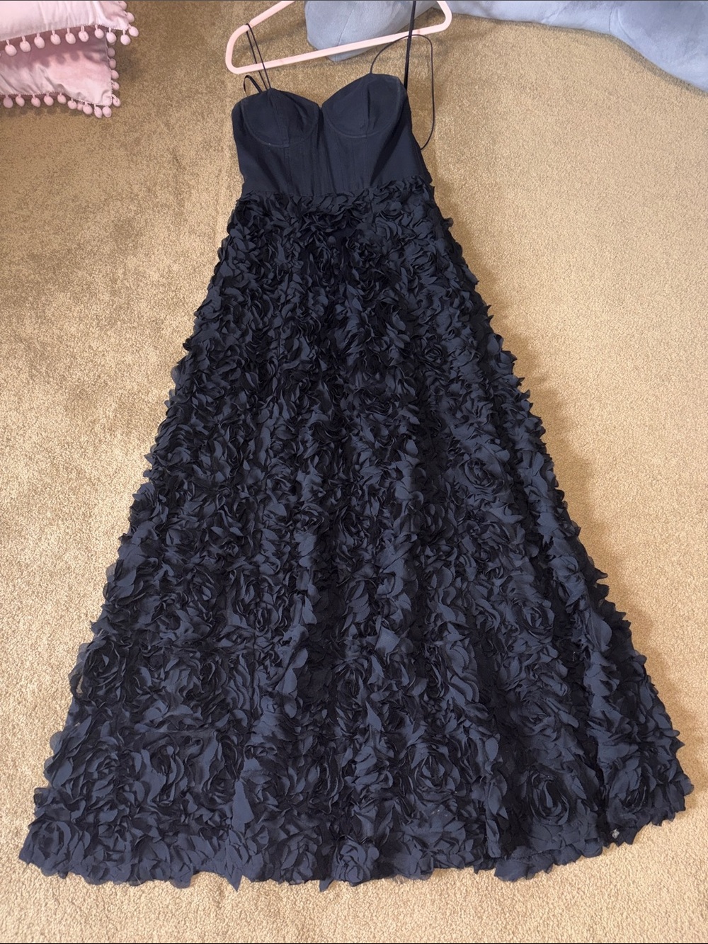Black Strapless Rosette Evening Gown/Prom Dress